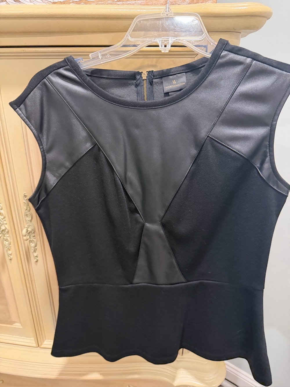 Worthington Black Faux-Leather Detail Peplum top